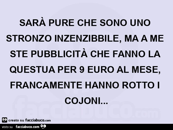 SARÀ PURE CHE SONO UNO STRONZO INZENZIBBILE, MA A ME STE PUBBLICITÀ CHE FANNO LA QUESTUA PER 9 EURO AL MESE, FRANCAMENTE HANNO ROTTO I COJONI