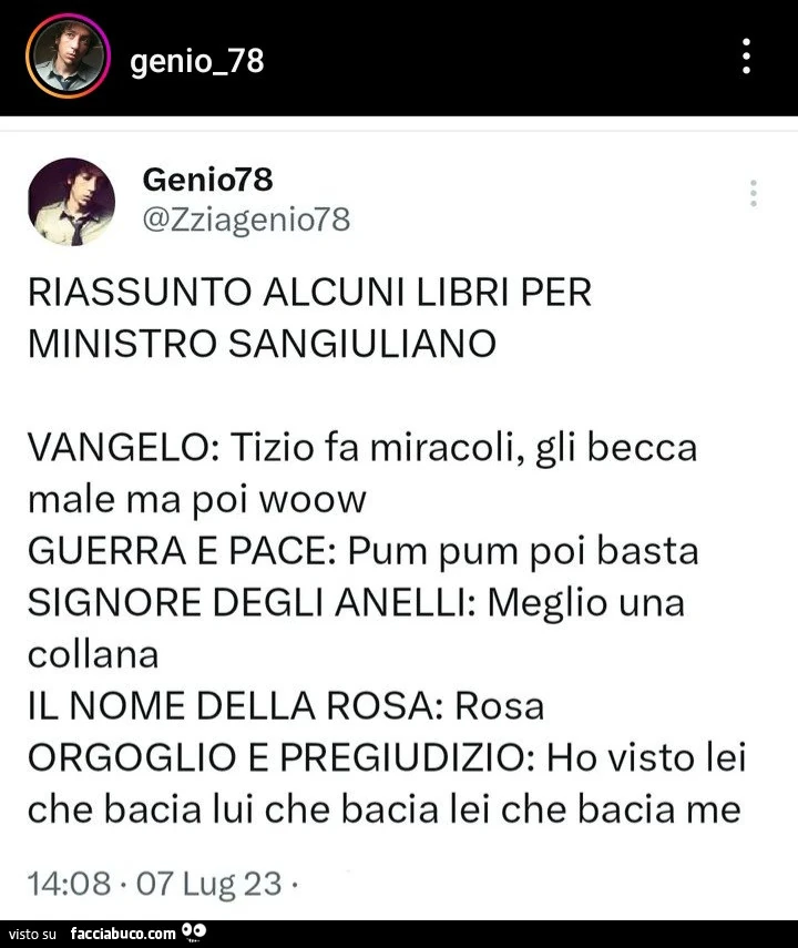 Riassunto alcuni libri per ministro sangiuliano. Vangelo: tizio fa miracoli, gli becca male ma poi woow