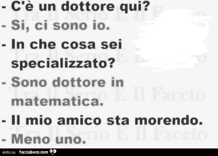 C'è un dottore qui? Si, ci sono io. In che cosa sei specializzato? Sono dottore in matematica. Il mio amico sta morendo. Meno uno