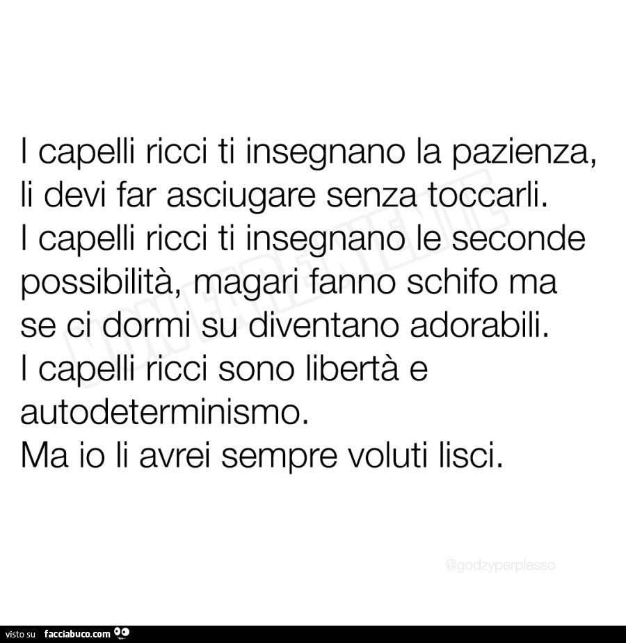 I capelli ricci ti insegnano la pazienza, li devi far asciugare senza toccarli. I capelli ricci ti insegnano le seconde possibilità, magari fanno schifo ma se ci dormi su diventano adorabili, i capelli ricci sono libertà e autodeterminismo. Ma io li avrei