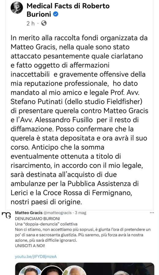 In merito alla raccolta fondi organizzata da matteo gracis, nella quale sono stato attaccato pesantemente quale ciarlatano e fatto oggetto di affermazioni inaccettabili