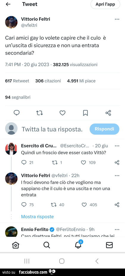 Cari amici gay lo volete capire che il culo è un'uscita di sicurezza e non una entrata secondaria?
