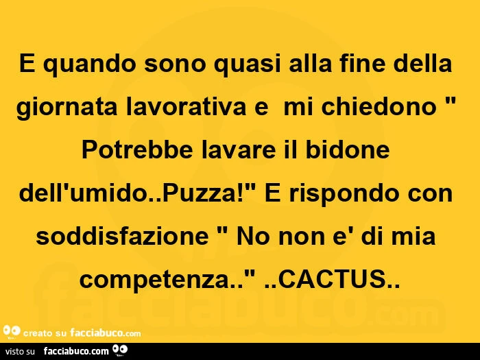 E quando sono quasi alla fine della giornata lavorativa e  mi chiedono potrebbe lavare il bidone dell'umido. Puzza! E rispondo con soddisfazione no non è di mia competenza. Cactus