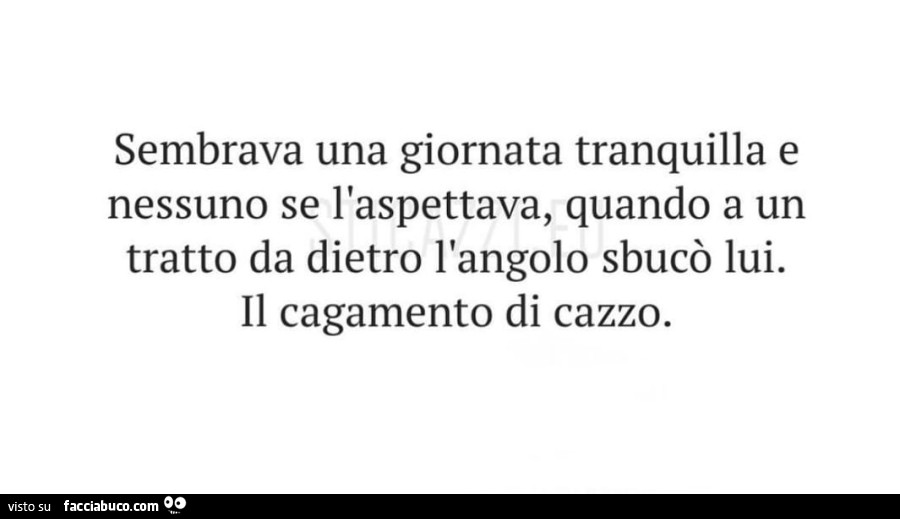 Sembrava una giornata tranquilla e nessuno se l'aspettava, quando a un tratto da dietro l'angolo sbucò lui. Il cagamento di cazzo