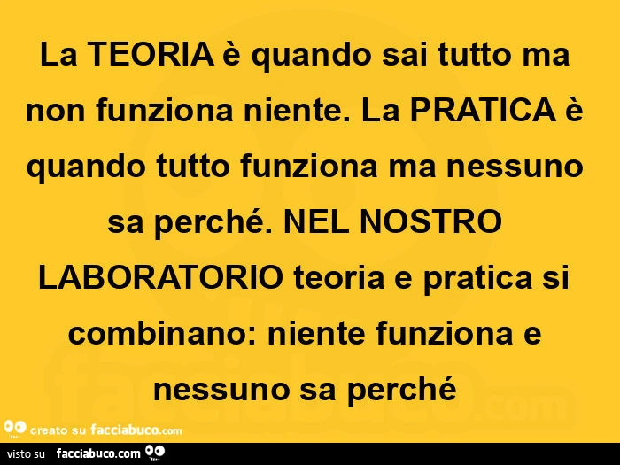 La teoria รจ quando sai tutto ma non funziona niente. La pratica รจ quando tutto funziona ma nessuno sa perchรฉ. Nel nostro laboratorio teoria e pratica si combinano: niente funziona e nessuno sa perchรฉย