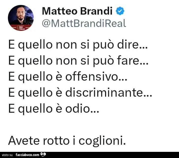 E quello non si può dire&hellip; e quello non si può fare&hellip; e quello è offensivo&hellip; e quello è discriminante&hellip; e quello è odio&hellip; avete rotto i coglioni