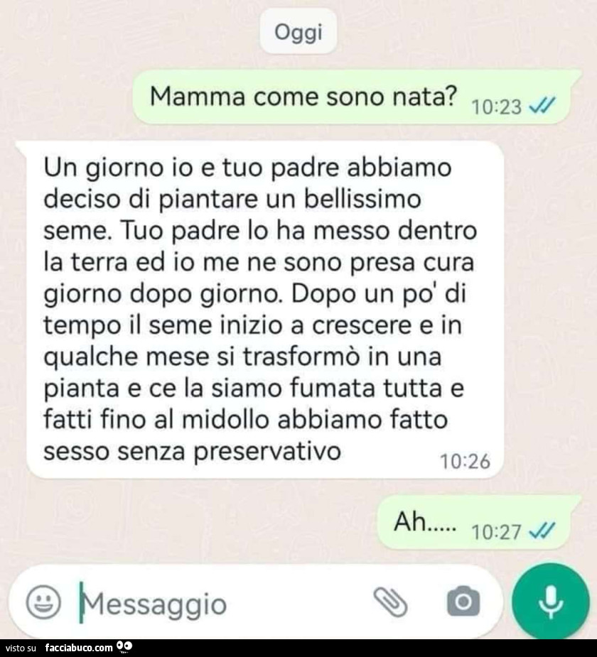 Mamma come sono nata? Un giorno io e tuo padre abbiamo deciso di piantare un bellissimo seme. Tuo padre lo ha messo dentro la terra ed io me ne sono presa cura giorno dopo giorno