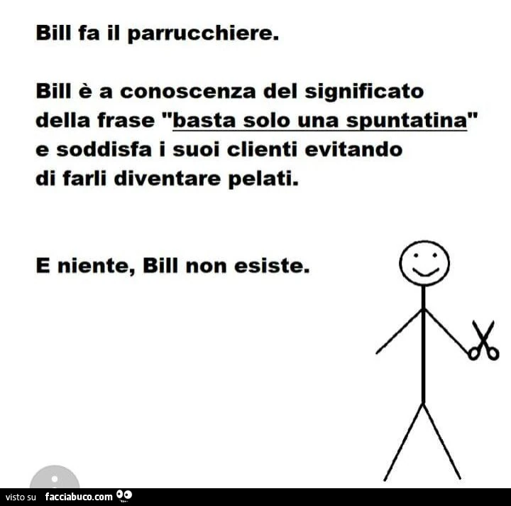 Bill fa il parrucchiere. Bill è a conoscenza del significato della frase basta solo una spuntatina e soddisfa i suoi clienti evitando di farli diventare pelati. E niente, bill non esiste