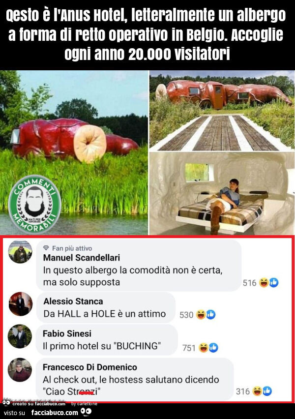 Qesto è l'anus hotel, letteralmente un albergo a forma di retto operativo in belgio. Accoglie ogni anno 20.000 visitatori