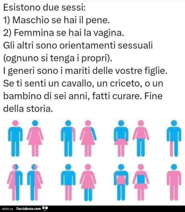 Esistono due sessi: 1 maschio se hai il pene. 2 femmina se hai la vagina. Gli altri sono orientamenti sessuali
