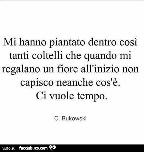 Mi hanno piantato dentro così tanti coltelli che quando mi regalano un fiore all'inizio non capisco neanche cos'è. Ci vuole tempo. C. Bukowski