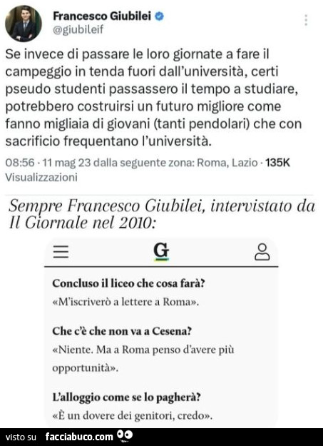 Francesco Giubilei: se invece di passare le loro giornate a fare il campeggio in tenda fuori dall'università, certi pseudo studenti passassero il tempo a studiare, potrebbero costruirsi un futuro migliore come fanno migliaia di giovani