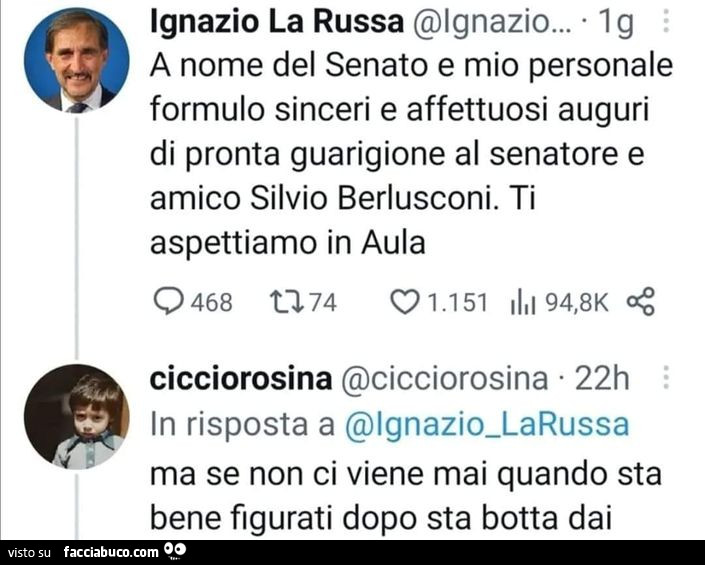 La Russa: a nome del senato e mio personale formulo sinceri e affettuosi auguri di pronta guarigione al senatore e amico silvio berlusconi. Ti aspettiamo in aula. Ma se non ci viene mai quando sta bene figurati dopo sta botta dai