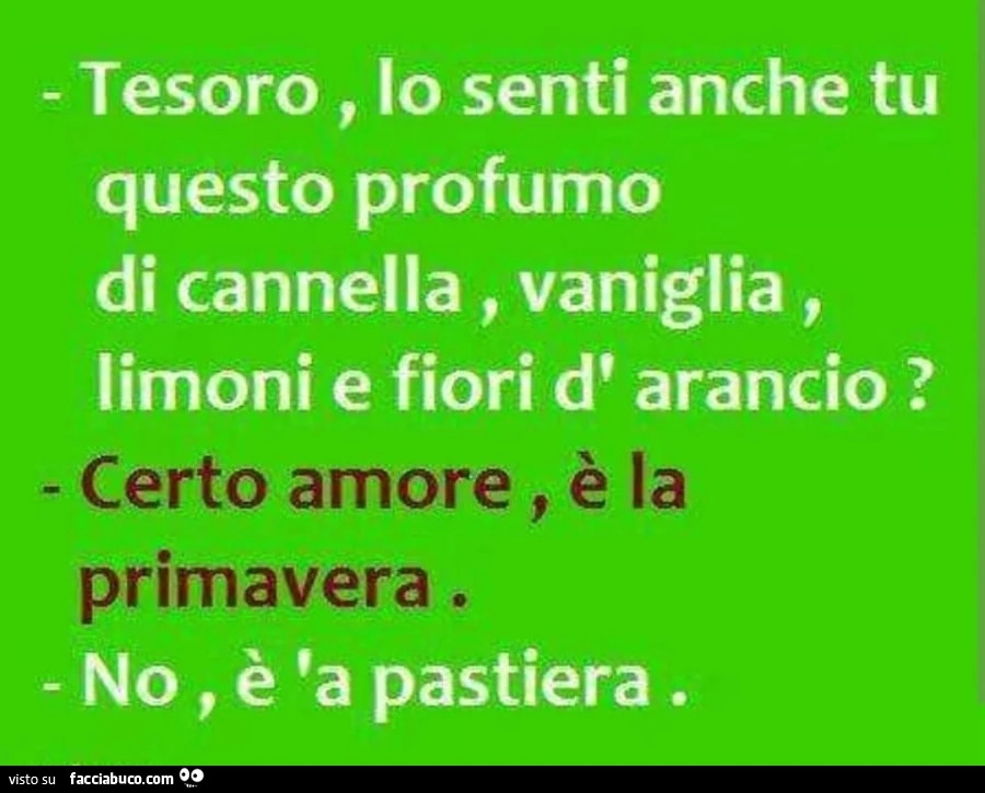 Tesoro, lo senti anche tu questo profumo di cannella, vaniglia, limoni e fiori d'arancio? Certo amore, รจ la primavera. No, รจ 'a pastiera