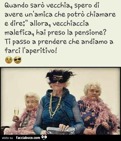 Quando sarò vecchia spero di avere un amica che potrò chiamare e dire: allora, vecchiaccia malefica hai preso la pensione? Ti passo a prendere che andiamo a farci l'aperitivo