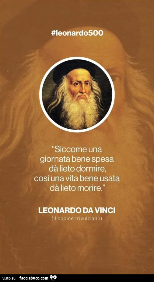 Siccome una giornata bene spesa dà lieto dormire, cosi una vita bene usata dà lieto morire. Leonardo Da Vinci