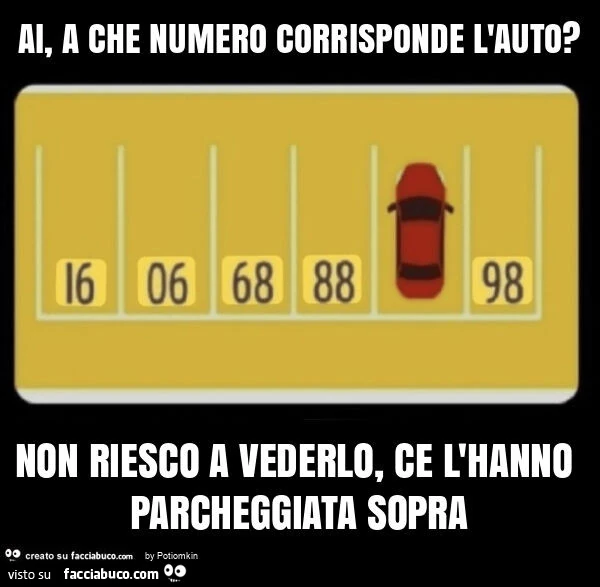 Ai, a che numero corrisponde l'auto? Non riesco a vederlo, ce l'hanno parcheggiata sopra