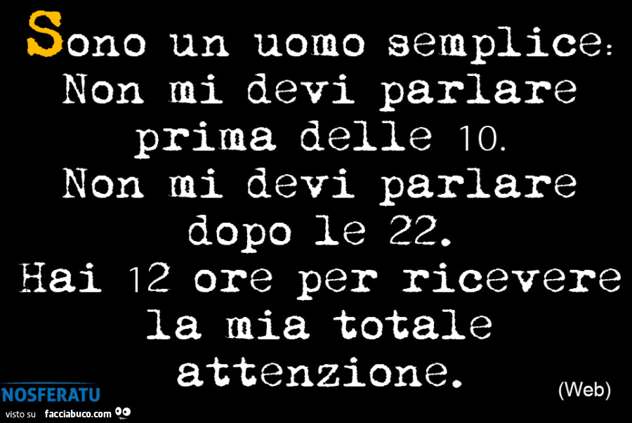 Sono un uomo semplice: Non mi devi parlare prima delle 10. Non mi devi parlare dopo le 22. Hai 12 ore per ricevere la mia totale attenzione