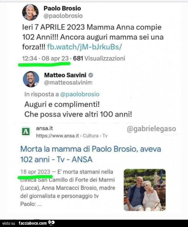 Paolo Brosio: mamma anna compie 102 anni! Salvini: auguri e complimenti! Che possa vivere altri 100 anni