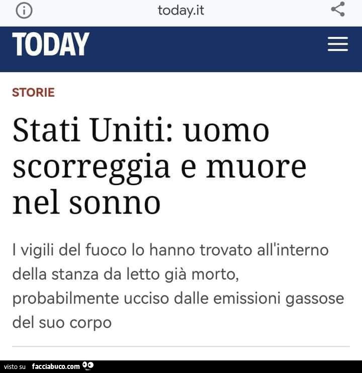 Stati uniti: uomo scorreggia e muore nel sonno