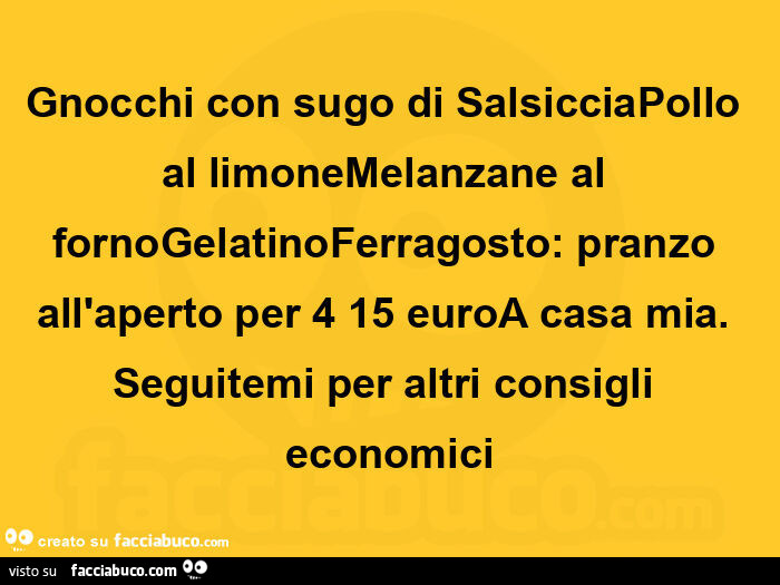 Gnocchi con sugo di salsicciapollo al limonemelanzane al fornogelatinoferragosto: pranzo all'aperto per 4 15 euroa casa mia. Seguitemi per altri consigli economici