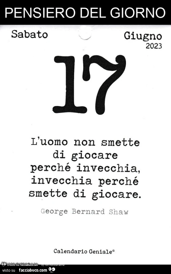 Pensiero del giorno. L'uomo non smette di giocare perché invecchia, invecchia perché smette di giocare. George Bernard Shaw