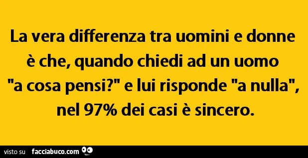 La vera differenza tra uomini e donne è che, quando chiedi ad un uomo a cosa pensi? E lui risponde a nulla, nel 97% dei casi è sincero