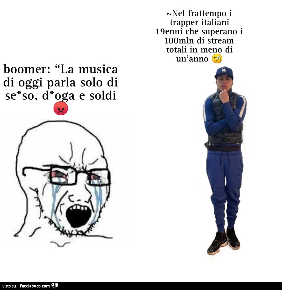 Nel frattempo i trapper italiani 19enni che superano i 100mln di stream totali in meno di un'anno. Boomer: la musica di oggi parla solo di sesso, droga e soldi