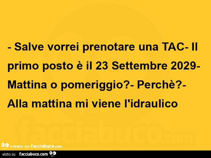 Salve vorrei prenotare una tac il primo posto è il 23 settembre 2029 mattina o pomeriggio? Perchè? Alla mattina mi viene l'idraulico