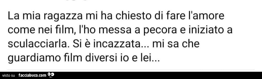 La mia ragazza mi ha chiesto di fare l'amore come nei film, l'ho messa a pecora e iniziato a sculacciarla. Si è incazzata… mi sa che guardiamo film diversi io e lei