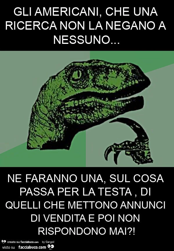 Gli americani, che una ricerca non la negano a nessuno… ne faranno una, sul cosa passa per la testa, di quelli che mettono annunci di vendita e poi non rispondono mai?
