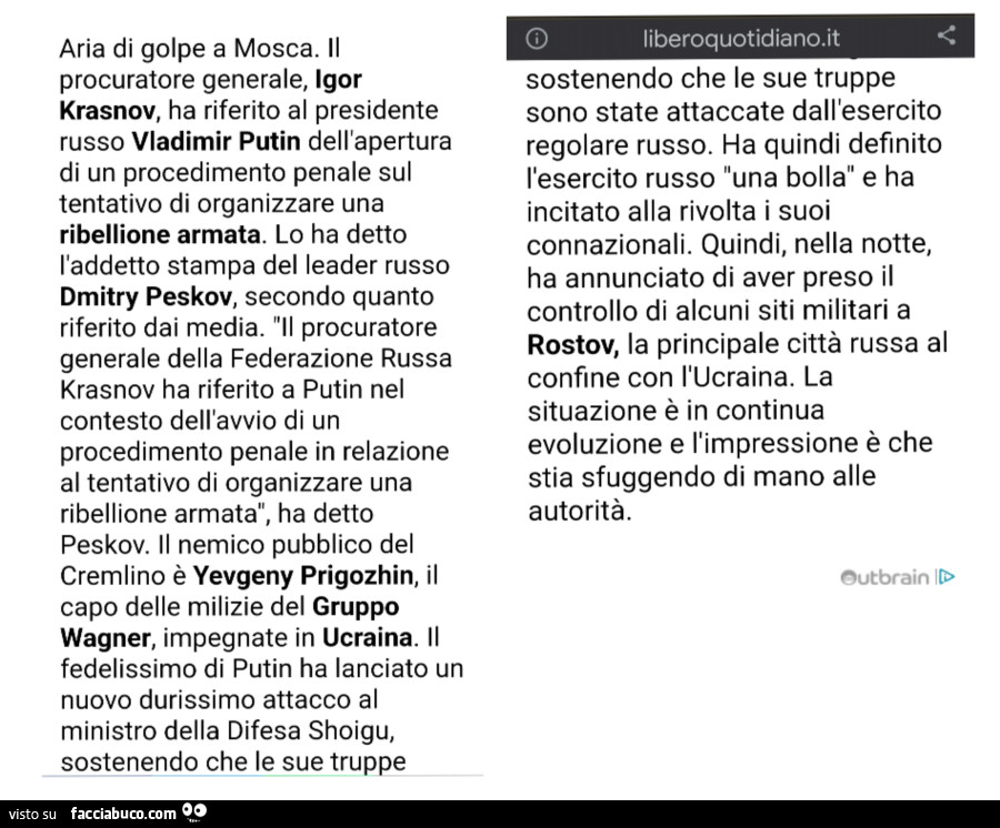 Aria di golpe a mosca. Il procuratore generale, igor krasnov, ha riferito al presidente russo vladimir putin dell'apertura di un procedimento penale sul tentativo di organizzare una ribellione armata