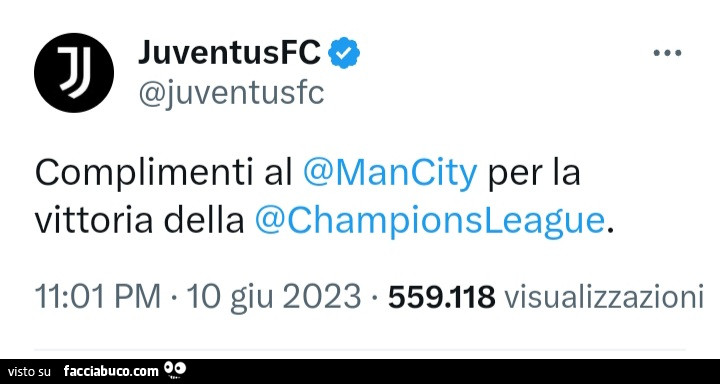Juventus: Complimenti al mancity per la Vittoria della champions League