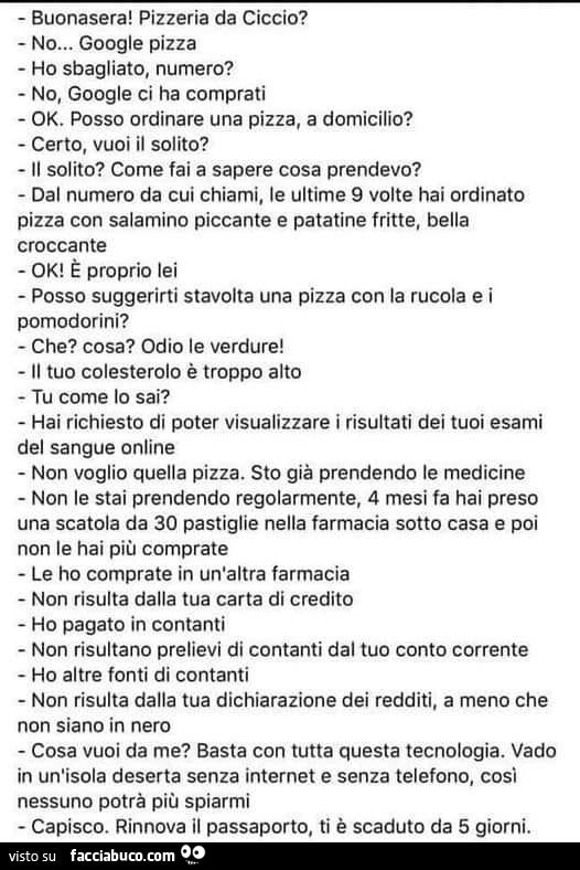 Buonasera! Pizzeria da ciccio? No… google pizza. Ho sbagliato, numero? No, google ci ha comprati