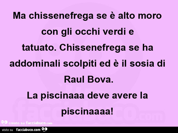 Ma chissenefrega se è alto moro con gli occhi verdi e tatuato. Chissenefrega se ha addominali scolpiti ed è il sosia di raul bova. La piscinaaa deve avere la piscinaaaa!