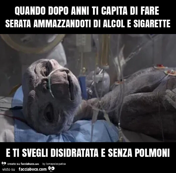 Quando dopo anni ti capita di fare serata ammazzandoti di alcol e sigarette e ti svegli disidratata e senza polmoni