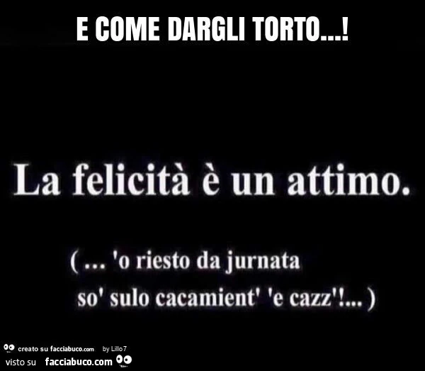 E come dargli torto! La felicita e un attimo. O riesto da jurnata sò sulo cacamient' te cazz