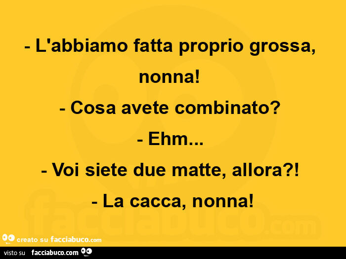 L'abbiamo fatta proprio grossa, nonna!   - Cosa avete combinato? Ehm… voi siete due matte, allora?! La cacca, nonna