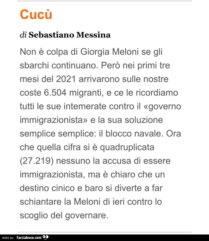 Cucù. Non è colpa di giorgia meloni se gli sbarchi continuano. Però nei primi tre mesi del 2021 arrivarono sulle nostre coste 6.504 migranti, e ce le ricordiamo tutti le sue intemerate contro il governo immigrazionista