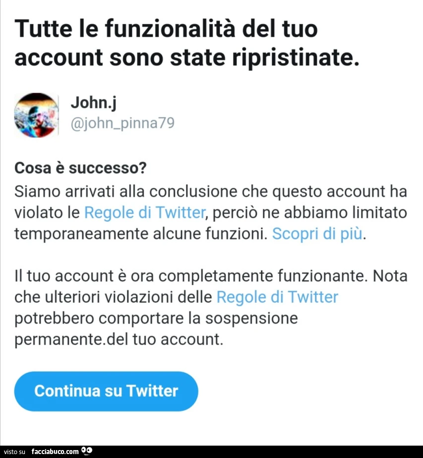 Tutte le funzionalità del tuo account sono state ripristinate