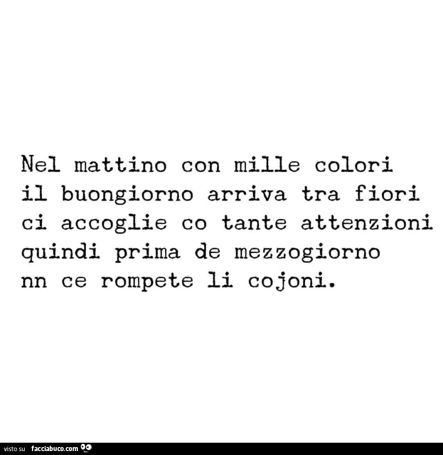 Nel mattino con mille colori il buongiorno arriva tra fiori ci accoglie co tante attenzioni quindi prima de mezzogiorno nn ce rompete li cojoni