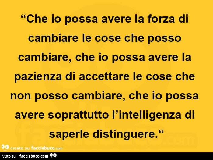 Che io possa avere la forza di cambiare le cose che posso cambiare, che io possa avere la pazienza di accettare le cose che non posso cambiare, che io possa avere soprattutto l'intelligenza di saperle distinguere