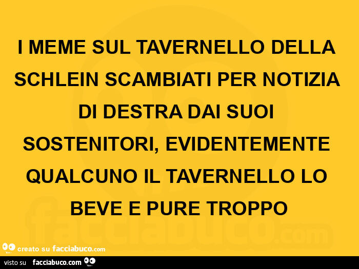 I meme sul tavernello della schlein scambiati per notizia di destra dai suoi sostenitori, evidentemente qualcuno il tavernello lo beve e pure troppo