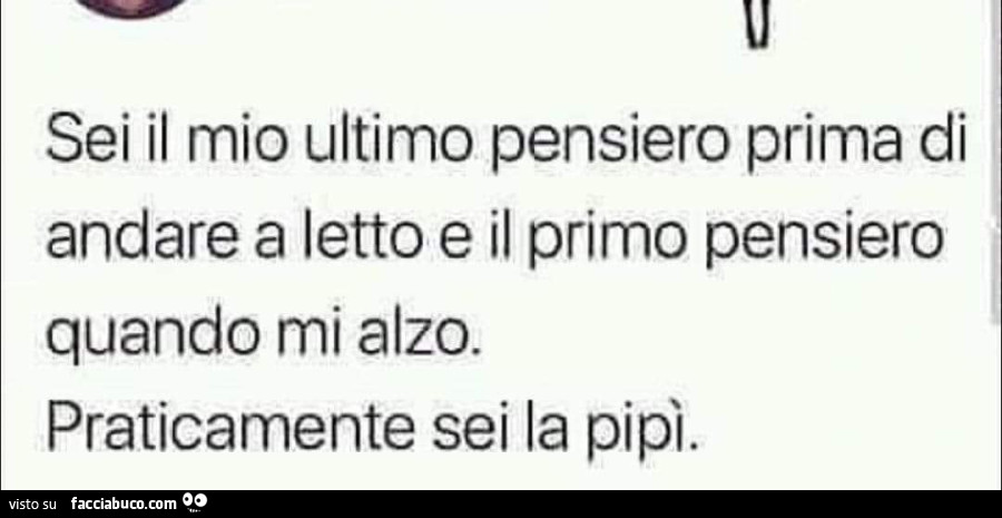 Sei il mio ultimo pensiero prima di andare a letto e il primo pensiero quando mi alzo. Praticamente sei la pipì