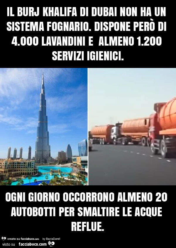 Il burj khalifa di dubai non ha un sistema fognario. Dispone però di 4.000 lavandini e almeno 1.200 servizi igienici. Ogni giorno occorrono almeno 20 autobotti per smaltire le acque reflue