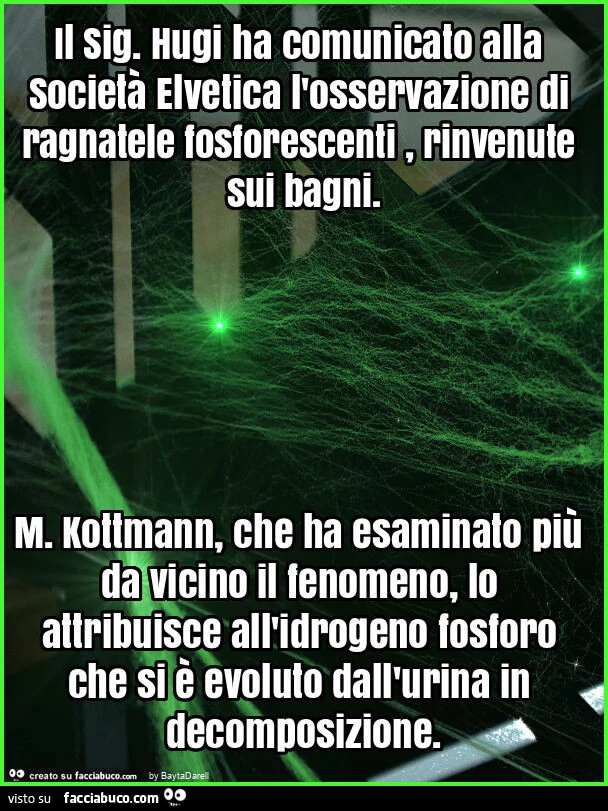 Il sig. Hugi ha comunicato alla società elvetica l'osservazione di ragnatele fosforescenti, rinvenute sui bagni. M. Kottmann, che ha esaminato più da vicino il fenomeno, lo attribuisce all'idrogeno fosforo che si è evoluto dall'urina in dec