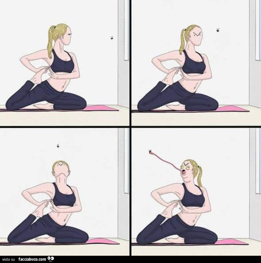 Prende la mosca con la lingua mentre fa ginnastica