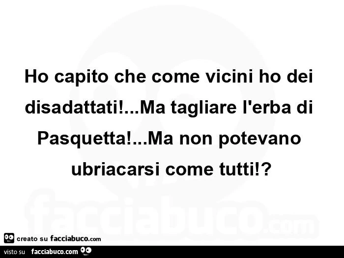 Ho capito che come vicini ho dei disadattati! &hellip; Ma tagliare l'erba di pasquetta! &hellip; Ma non potevano ubriacarsi come tutti!?