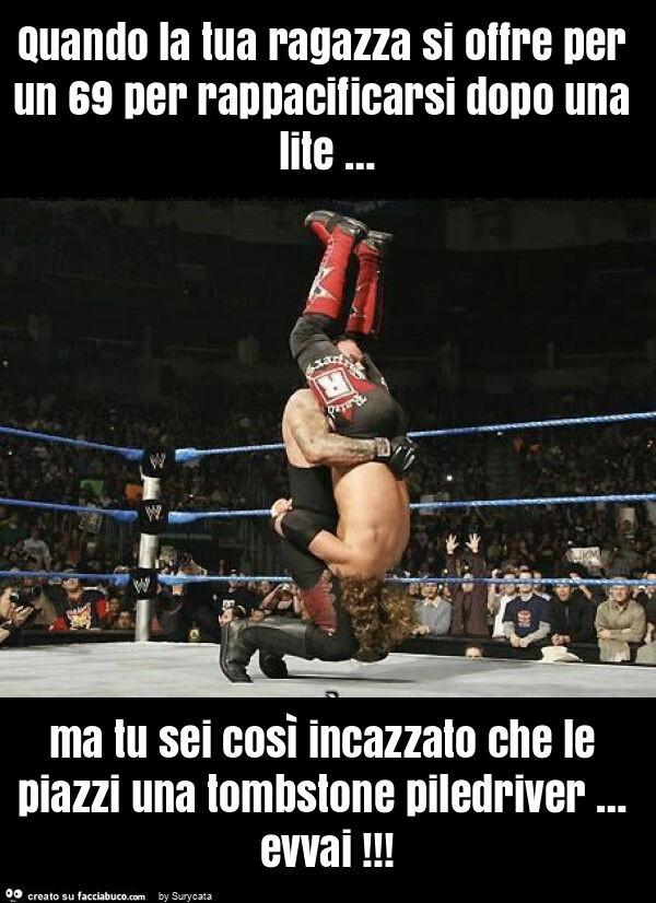 Quando la tua ragazza si offre per un 69 per rappacificarsi dopo una lite … ma tu sei così incazzato che le piazzi una tombstone piledriver … evvai